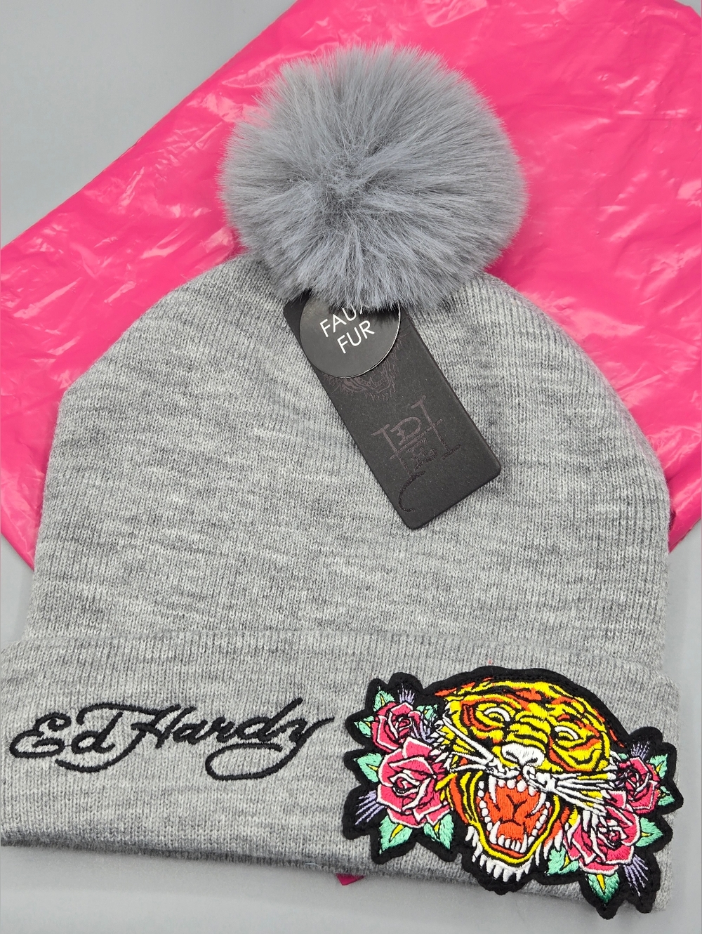 Ed Hardy Gray Knit Pom Beanie with Tiger & Rose Patch